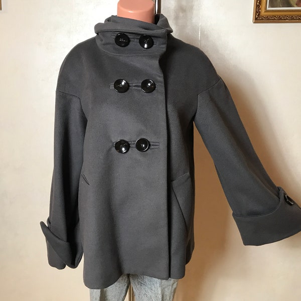 Pardessus féminin vintage gris des années 90, matériel de laine, taille moyenne, manteau court a-ligne, manteau de demi-saison, double bouton à l’avant