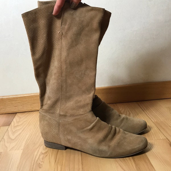 Vintage women's slouch boots, suede leather shoes, round toe, mid calf boots, brown boots, size EU 37, autumn shoes