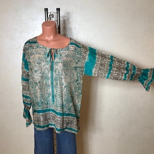 Summer vintage blouse, turquoise tribal Indian print, long sleeves, sheer gauze cotton, large size