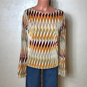 Vintage 80s rhombic blouse, shiny velvet fabric, multicolored, long sleeves, boat neck, sheer sleeves, medium size