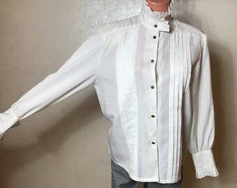 トップス ~ 80s Stand Collar Silk Shirt silk pleated shoulder swing shirt with chinese collar - mid plus