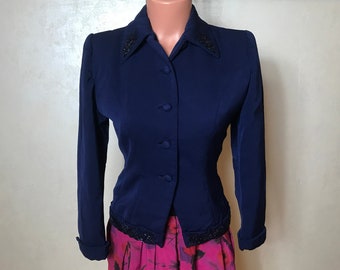 Blue vintage 40s jacket, natural fabric, sheath design, small size, collared jacket, long sleeves, beads embroidery