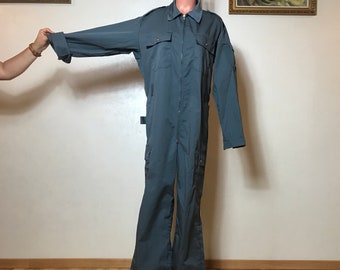 Gray vintage 90s jumpsuit, large size, boiler suit, long sleeves, zipper front, construction jumpsuit, maxi length
