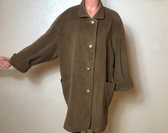 Brown vintage 80s coat, women's overcoat, wool fabric, long sleeves, large size, button up, knee length, autumn coat