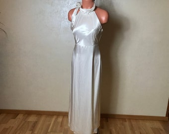 White vintage 80s dress, evening or wedding dress, small size, halter top, maxi length, A-line design, empire waist