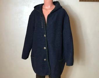 Blue vintage 80s women's coat, 100% wool fabric, long sleeves, hooded jacket, large size, button up front, autumn coat