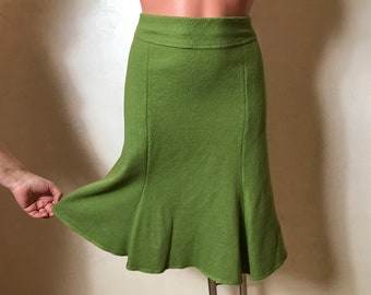 Wool vintage 90s skirt, green fabric, large size, knee length, straight design, elastic waist, warm minimalistic skirt, work skirt