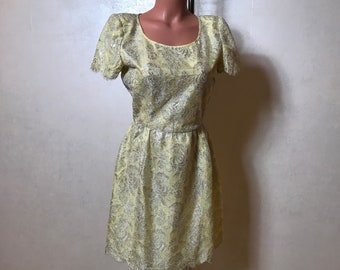 Yellow vintage 50s dress, evening dress, baroque floral silver lace, fit and flare, short sleeves, knee length, small size