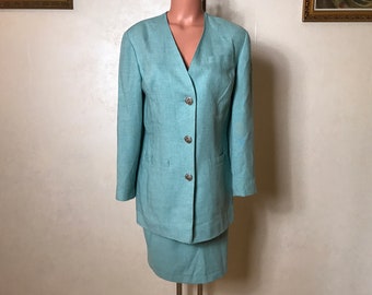 Blue vintage 80s suit, medium size, two piece set, jacket and skirt, straight design, short length, button up front, formal suit