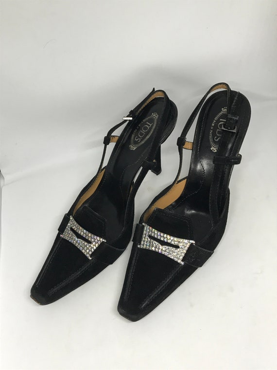 mid heels black suede leather open back formal shoes point square toes size 37 1\\2 EUR Todds Vintage 90s Italian slingbacks