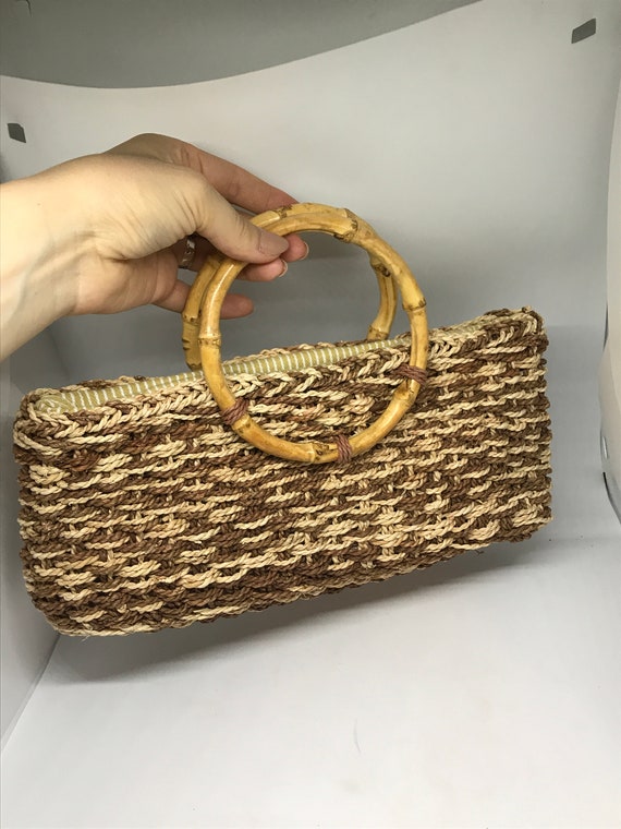Vintage 80s Baguette Bag Made of Weave Straw Brown and Beige Bamboo Circle Handles Cotton Lining Etsy