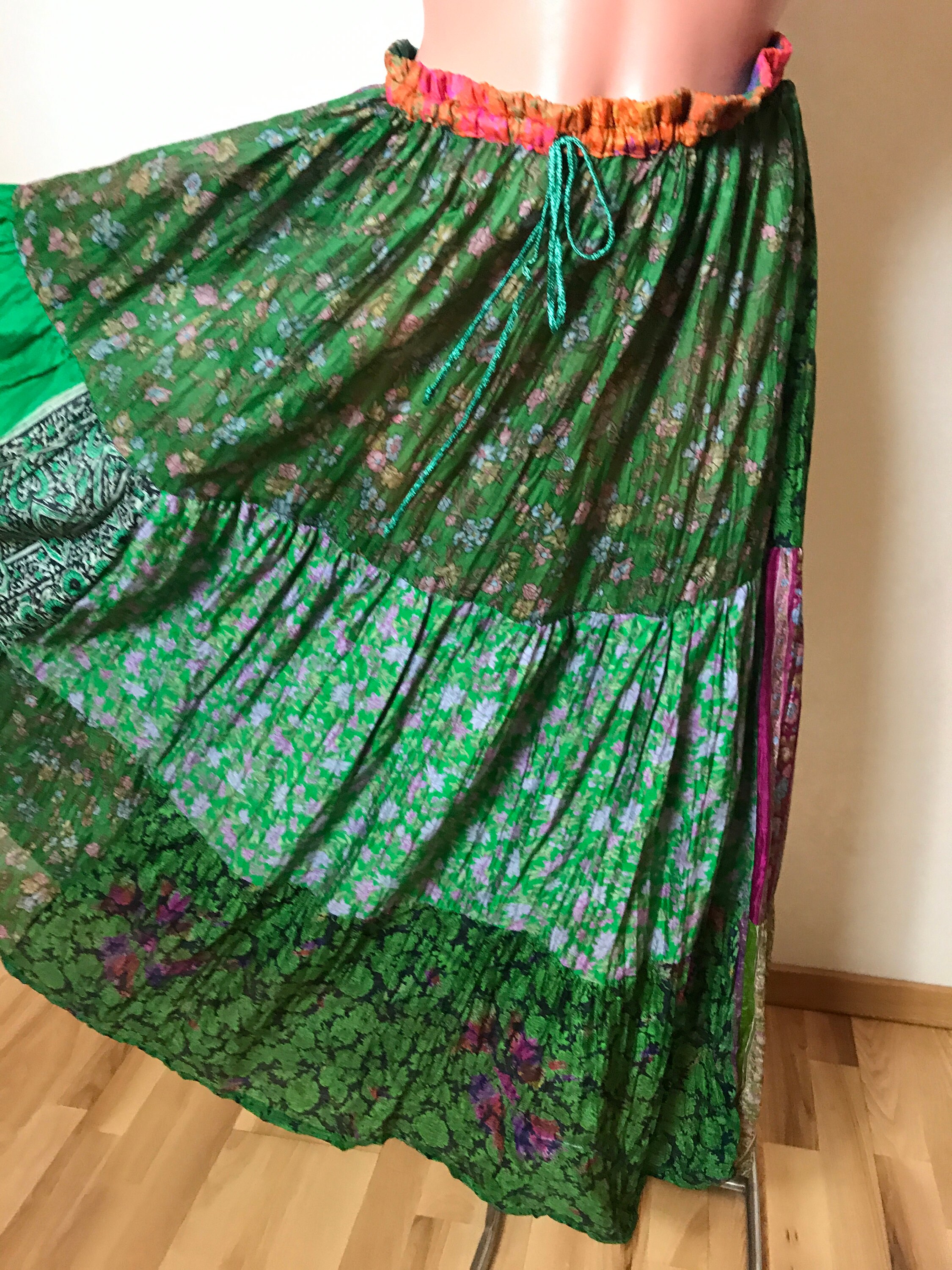 Green Vintage Skirt, Silk Fabric, Gipsy Layered Skirt, Floral Print, Broomstick Waist, All Sizes