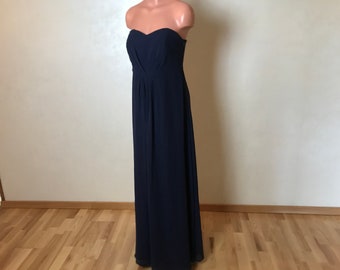 Strapless vintage 90s dress, dark blue event dress, medium size, maxi length, empire waist, A-line design, prom dress