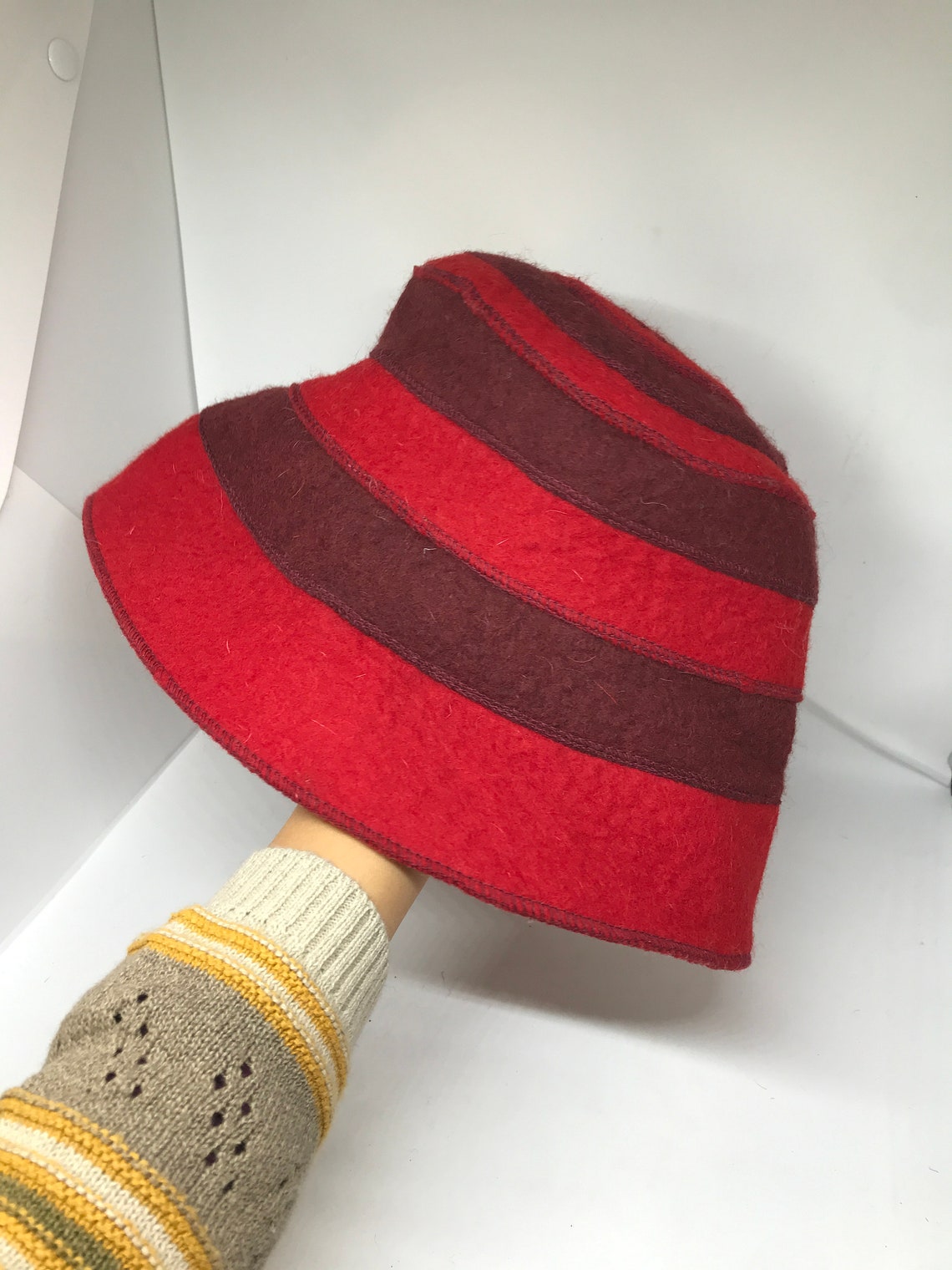 Red Vintage 80s Bucket Hat Striped Print Women's Hat Etsy
