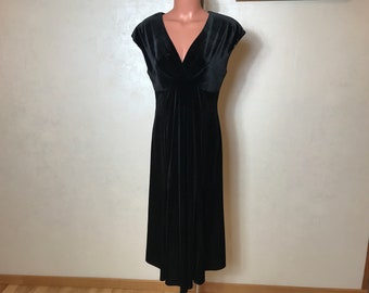 Vintage 90s black dress, velvet fabric, V-neck, sleeveless dress, formal event dress, shimmering velvet, medium size, midi length