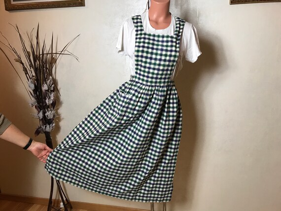 Vintage 90s dirndl dress, apron dress, plaid print