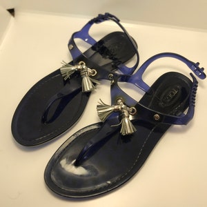 Tod's vintage 90s sandals, blue silicon, size 37, summer shoes, Italian sandals, T-strap sandals, adjustable fastening on back