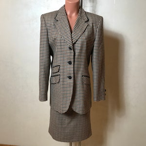 Giacca e gonna vintage 80s costume, tessuto di lana, modello a quadri, medie-grandi dimensioni, lunghezza del ginocchio, design dritto
