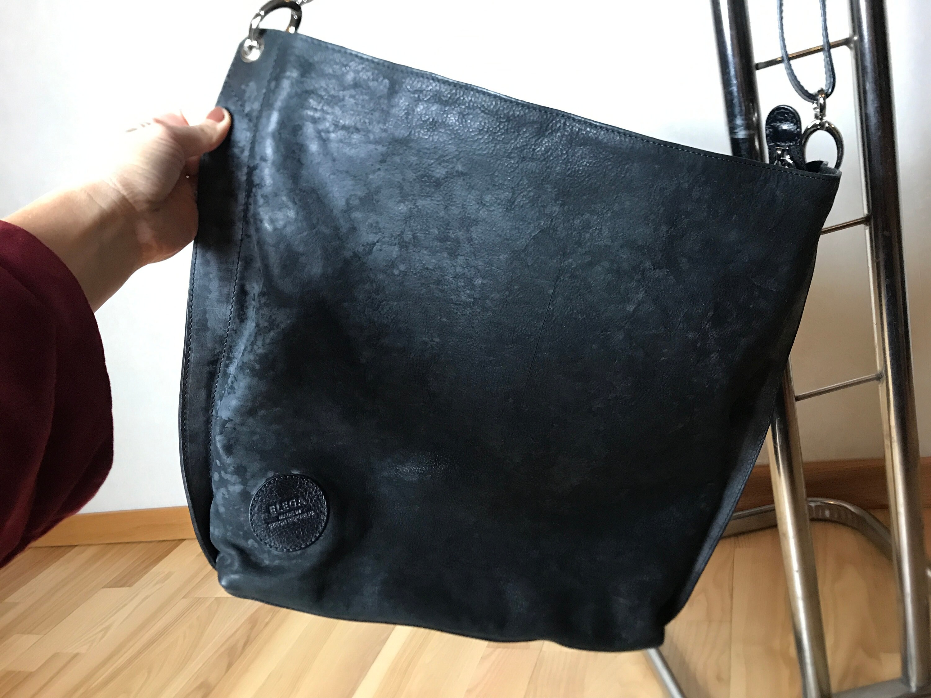 Leather Vintage 90s Bag, Large Size, Black Leather, Square