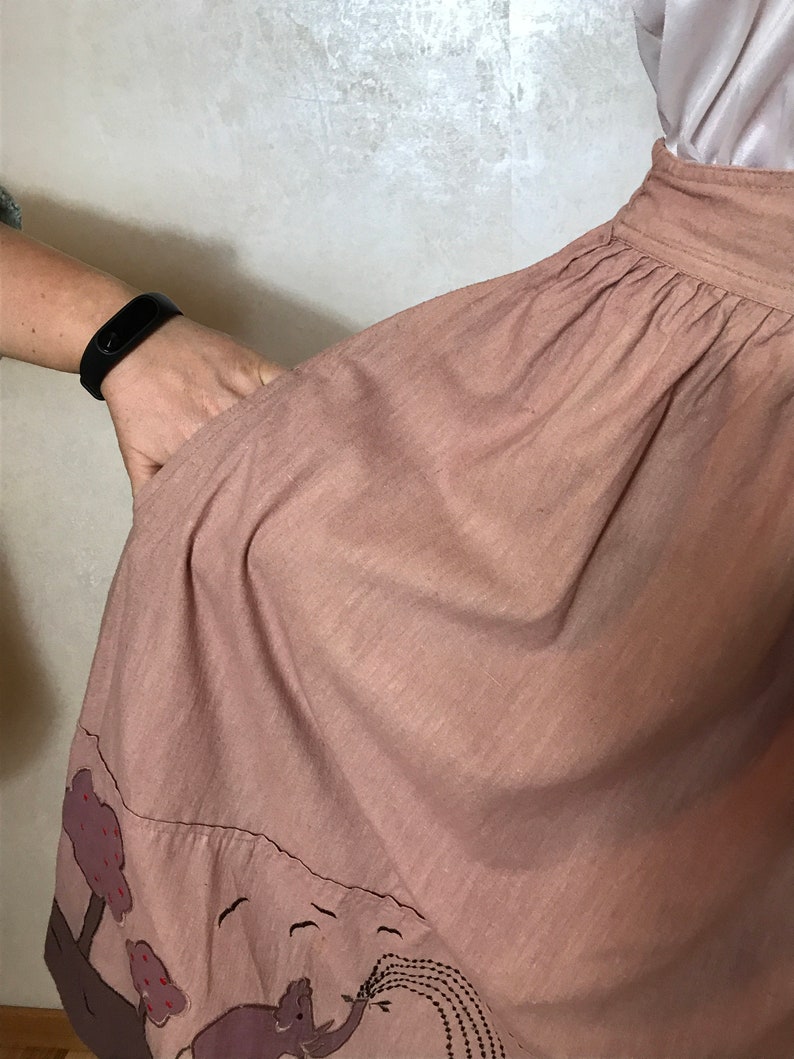 A-line design cotton fabric Pink vintage 80s skirt elastic waist indian skirt kid/'s art embroidery midi length