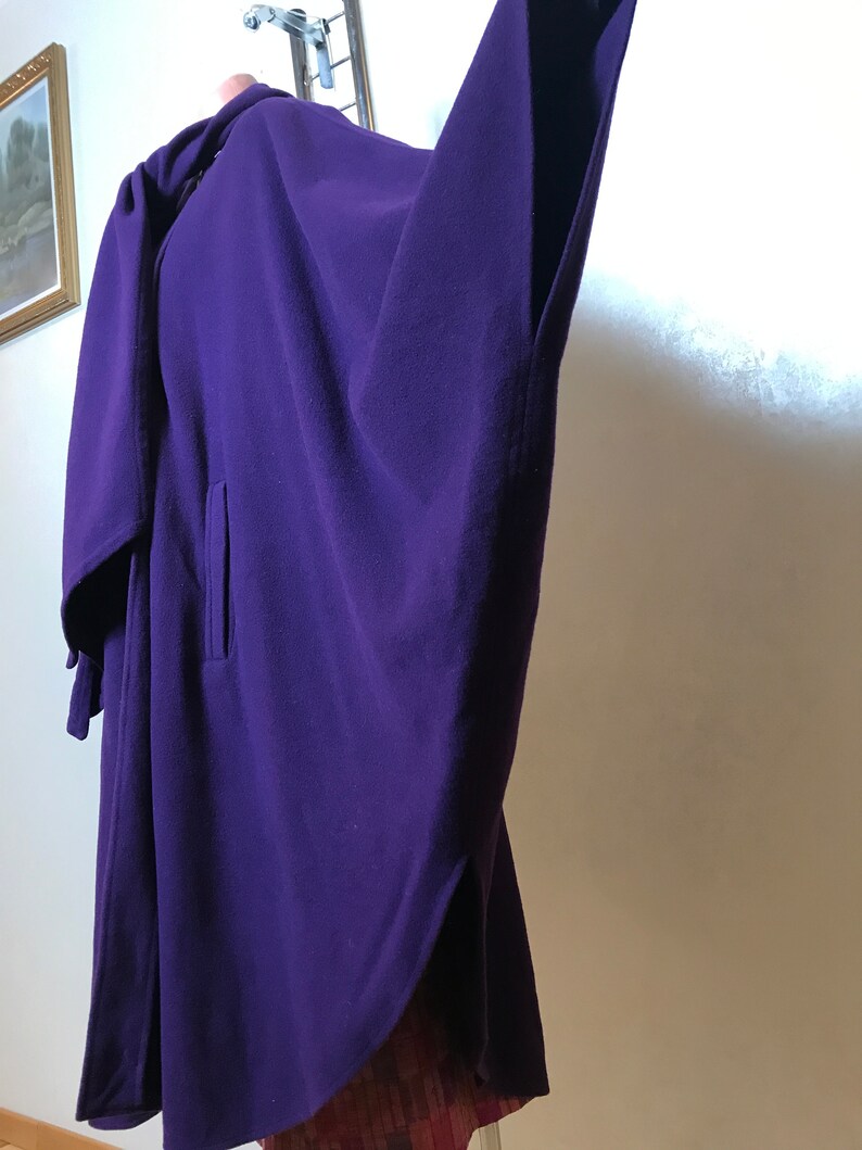 double button fastening two pockets Large size Purple vintage poncho coat Semi circle design sleeve holes