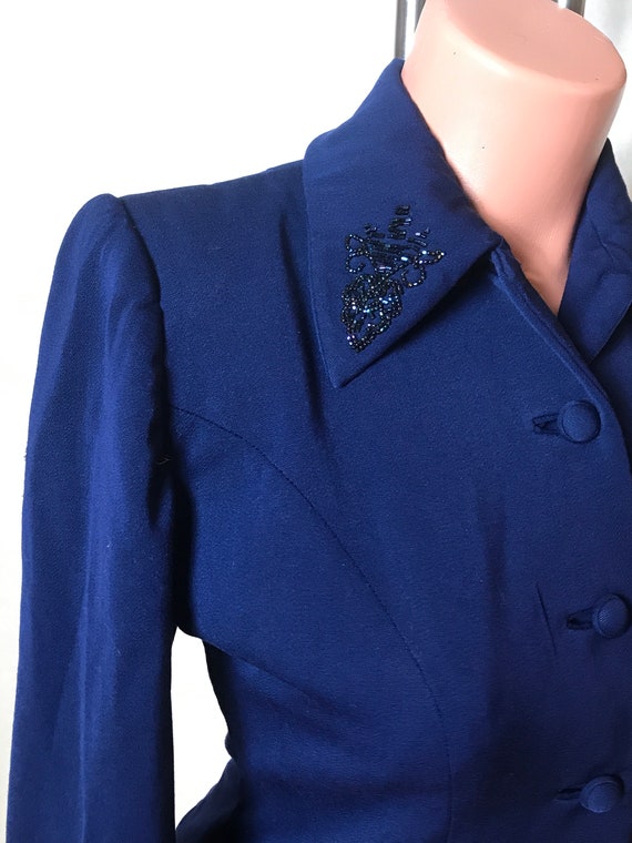 Blue vintage 40s jacket, natural fabric, sheath d… - image 5