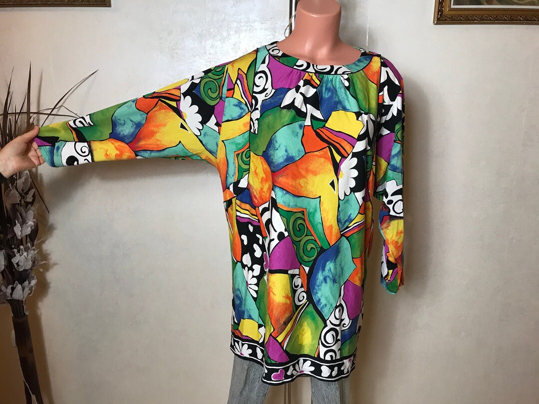 Vintage Women's Shirt, Cotton Fabric, Abstract Print, Long Sleeves