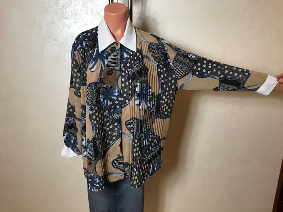 Vintage 70s women's blouse, absatrct print, brown