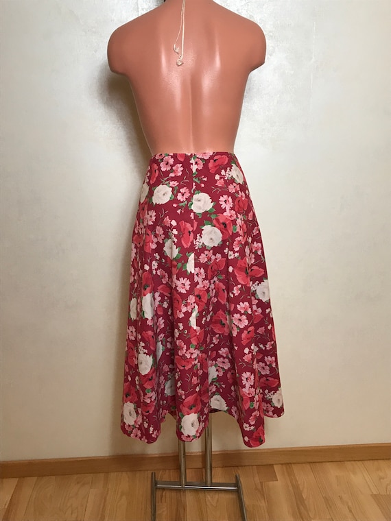 Vintage burgundy skirt with roses print A-line sk… - image 1