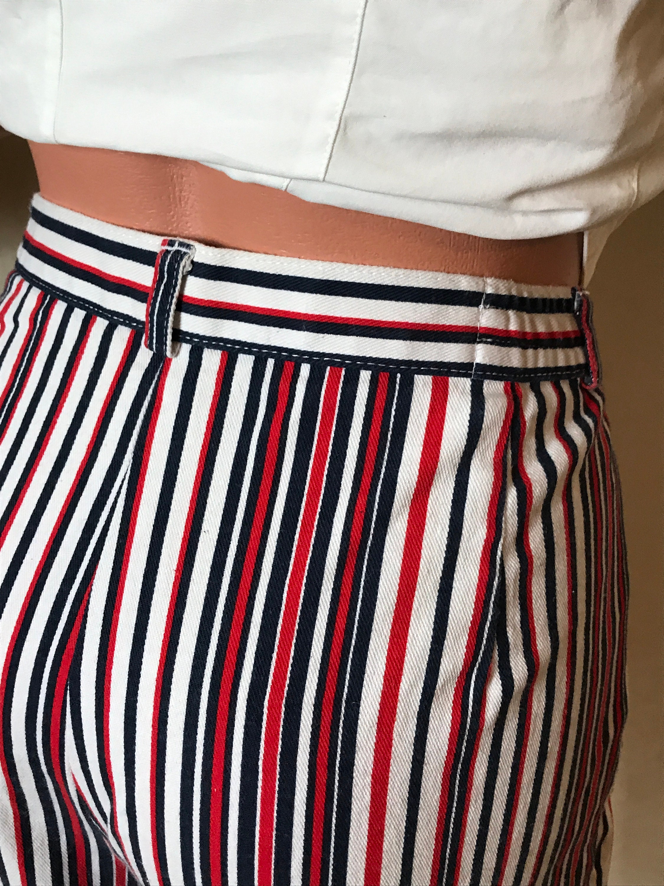 Striped Vintage 80s Pants, High Rise, White - Red - Blue