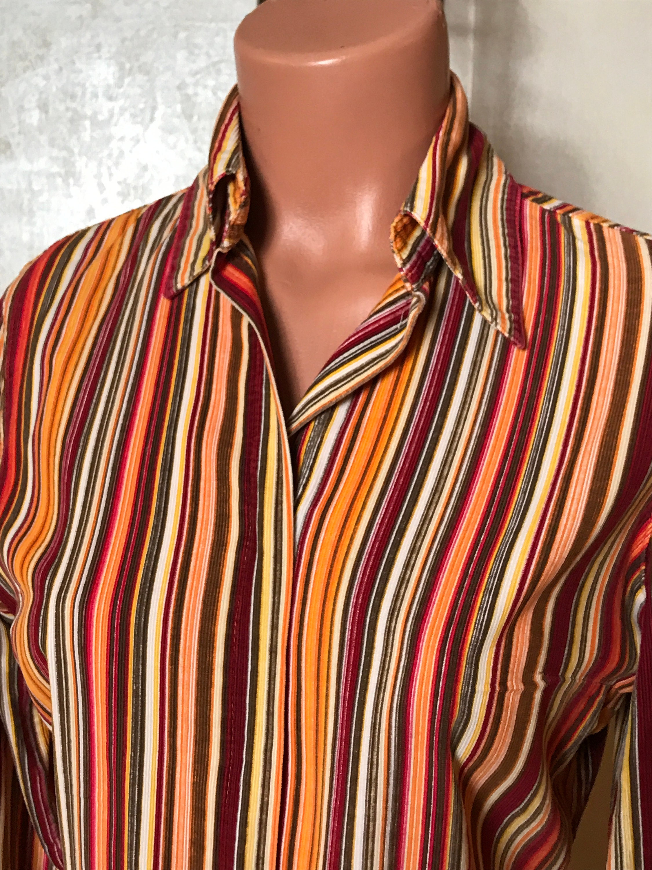 Striped Vintage 80s Shirt, Orange Red Brown Colors, Long