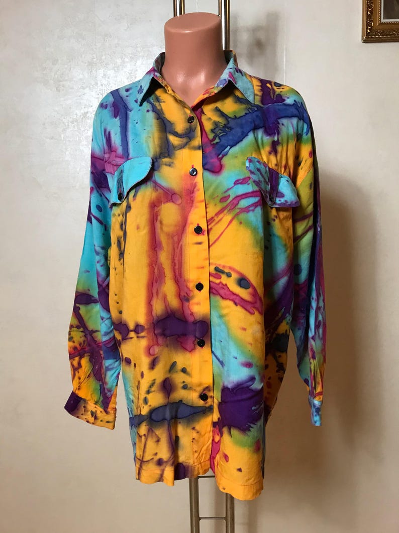 Vintage & moderne topcollectie: 80s zijde turquoise, Zara ruches katoen, bloemenprint, tie dye viscose, maat L Tie Dye Viscose M-L