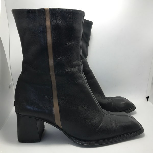 Chaussures noires pour femmes des années 80, matériau en cuir, taille 37, bottines, fermeture à glissière, orteils carrés, talons de bloc, chaussures demi-saison