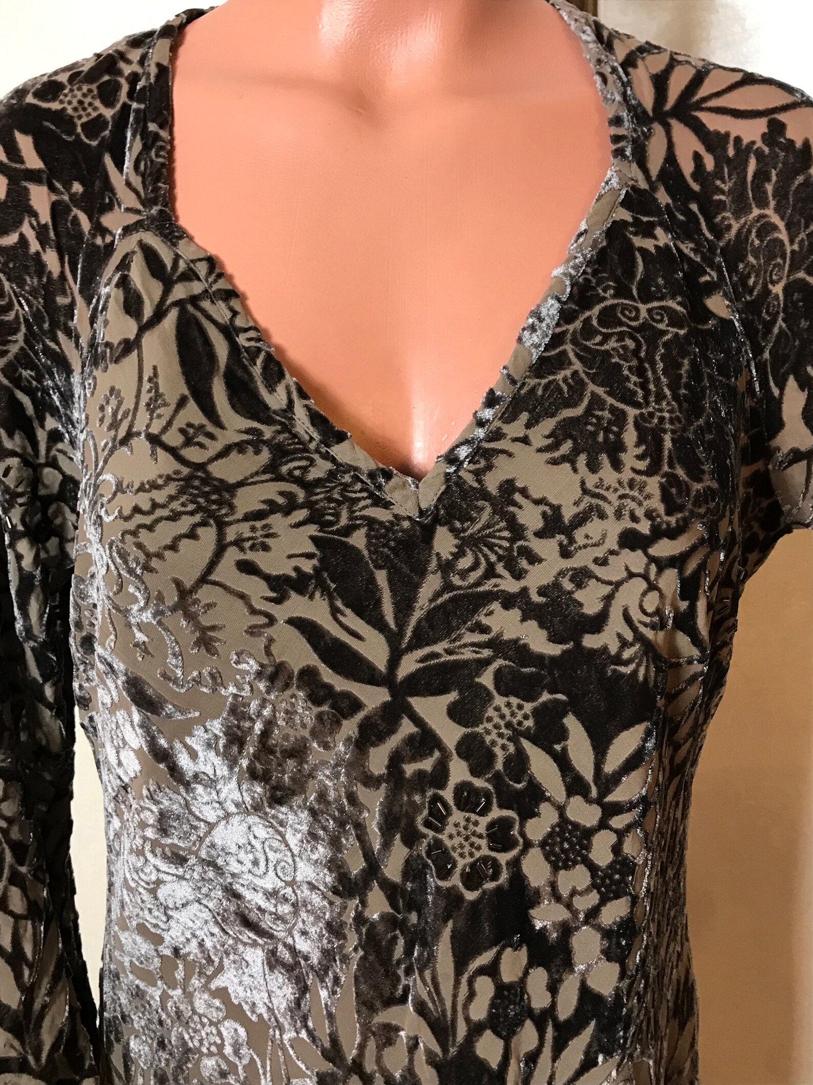 Brown vintage dress devore fabric floral pattern maxi Etsy