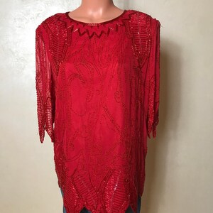 Vintage Blouse Collection: 60s Embroidered, Red Silk Beaded, Cupro Print, Dirndl Top. Size M Red Silk Beaded M