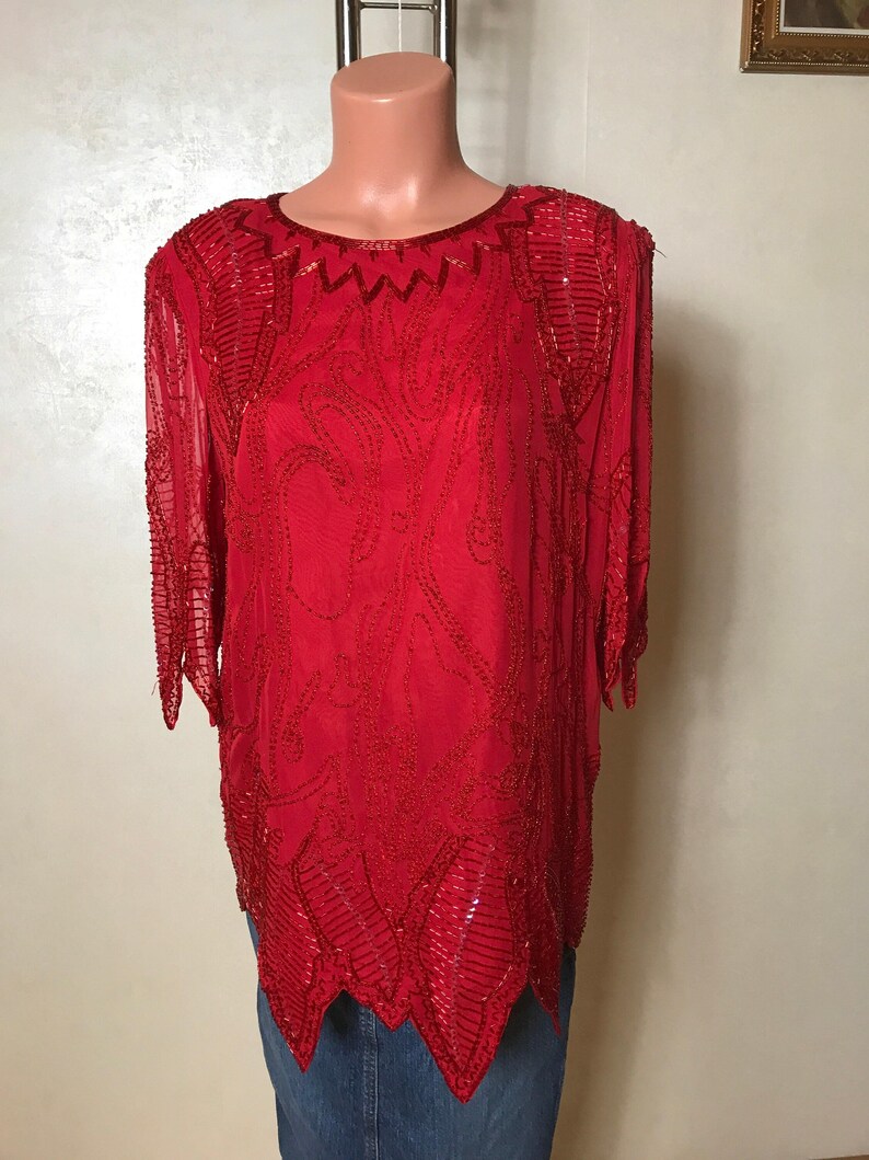 Vintage Blouse Collection: 60s Embroidered, Red Silk Beaded, Cupro Print, Dirndl Top. Size M Red Silk Beaded M