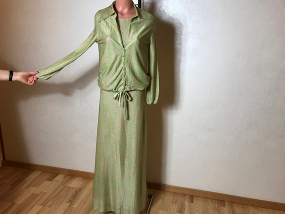 Vintage 70s dress, three piece set, green beigem … - image 1
