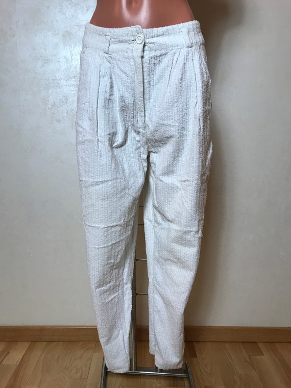 White vintage 80s womans pants, cotton fabric, co… - image 2