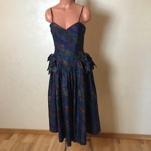 Monsoon Twilight Silk vintage jaren 80 jurk medium maat fit en flare midi lengte corset top flare rok blauw paars groen sweetheart halslijn