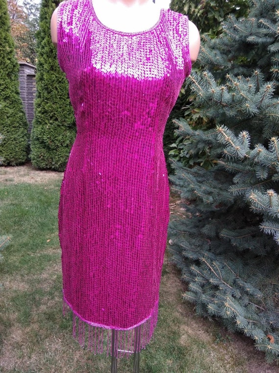 VINTAGE 80's Magenta Sequins dress Size M