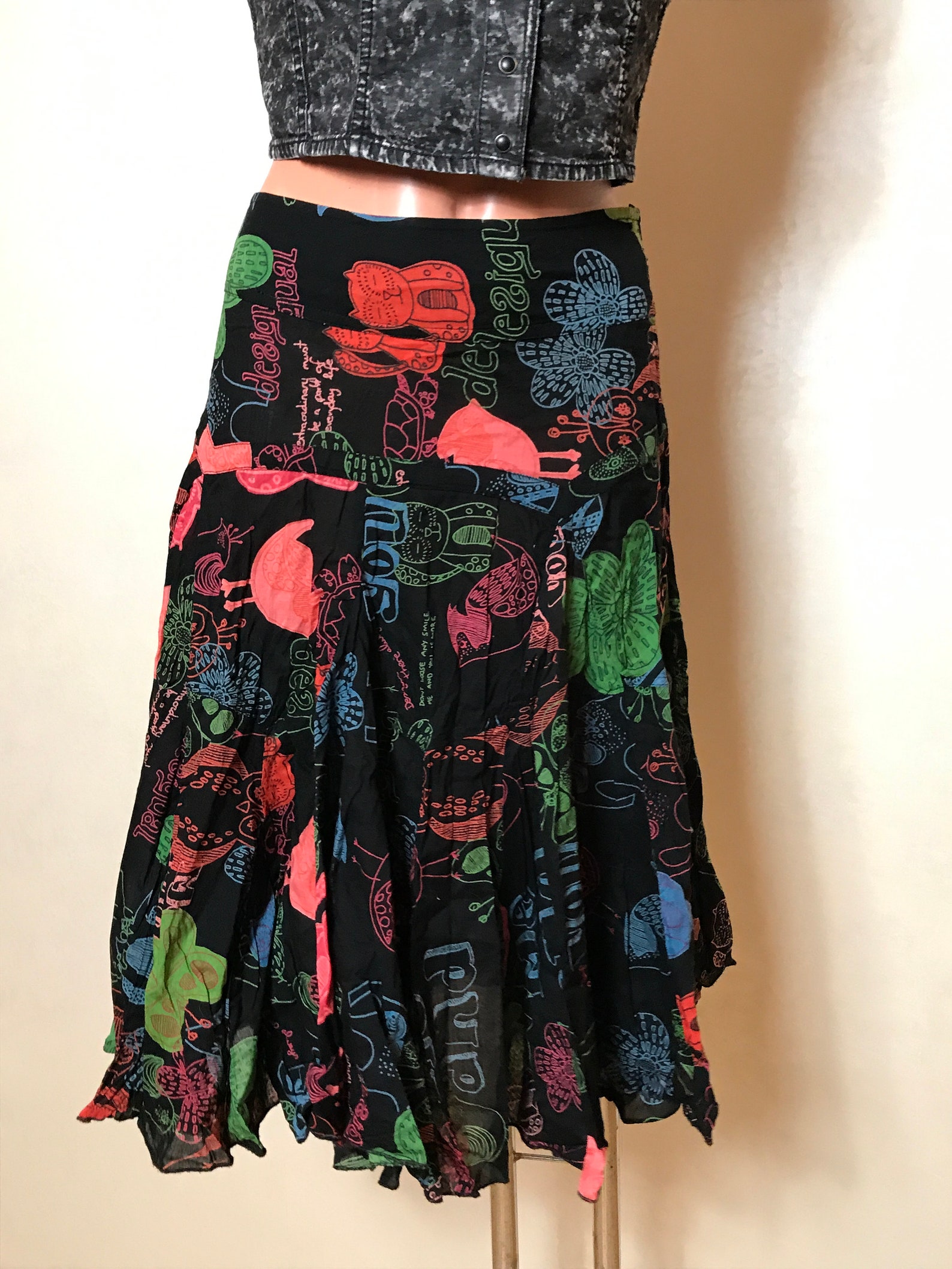 Black Vintage Skirt Multicolored Paint Print Flare Design - Etsy