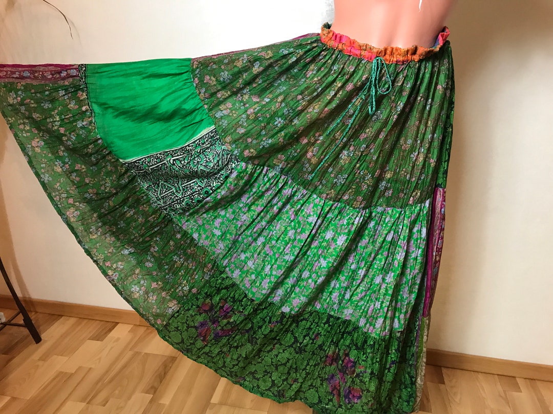 Green Vintage Skirt, Silk Fabric, Gipsy Layered Skirt, Floral Print