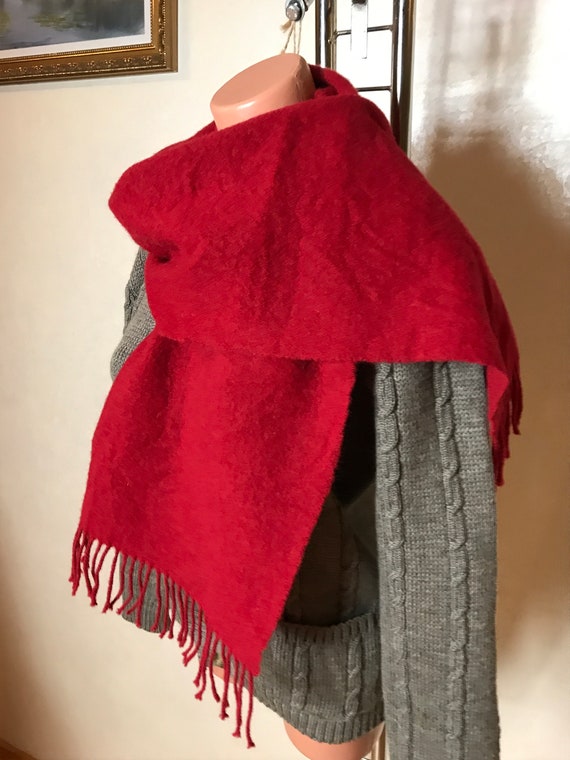 Red Vintage 80s Unisex Scarf, Long Classic Design, Fringe Hem 