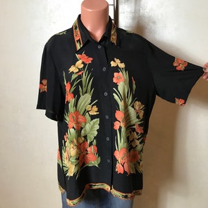 Black vintage 80s shirt, floral and striped print, shirt sleeves, button up front, medium size, straight design