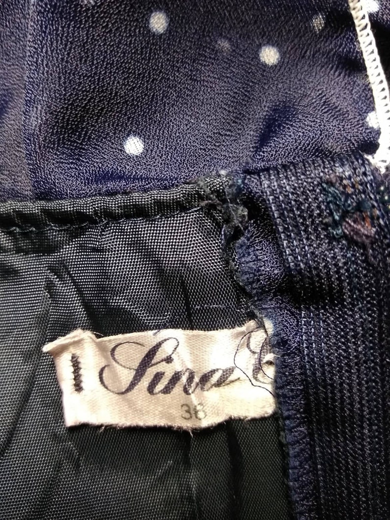 Vintage 70/'s Long dress Lina C Polka-dot dress Dark blue Dress with ruffles