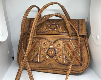 Brown vintage 90s women's bag, long shoulder straps, ethnic print bag, real leather material, big purse, stars print