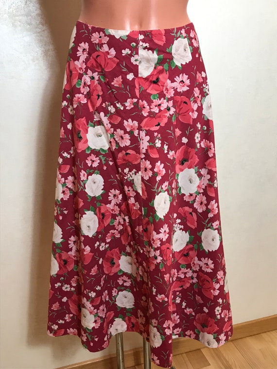 Vintage burgundy skirt with roses print A-line sk… - image 2