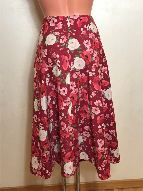 Vintage burgundy skirt with roses print A-line sk… - image 7