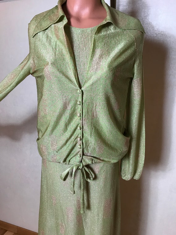 Vintage 70s dress, three piece set, green beigem … - image 2