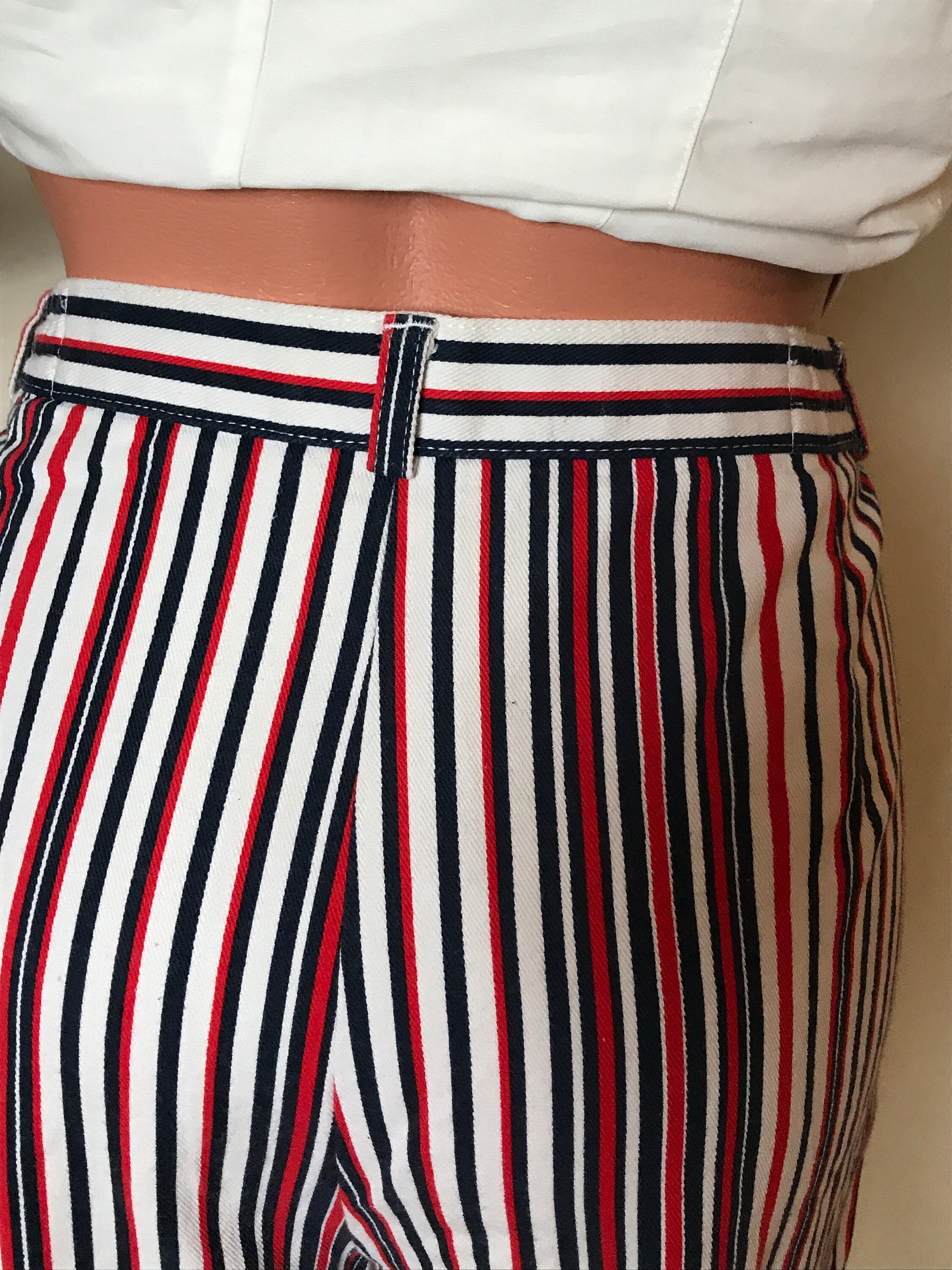 Striped Vintage 80s Pants, High Rise, White - Red - Blue